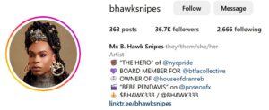 Screenshot of LGBTQ+ influencer Mx B Hawk Snipes' Instagram Profile